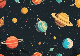 Seamless pattern of planets and saturn in outer space for travel and exploration concept illustration