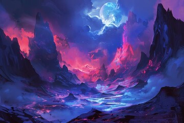 Wall Mural - Mystical landscape with vibrant moonlit mountains and glowing river