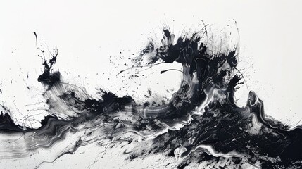 Poster - Abstract black and white ink splatter texture on white background symbolizing a wave or splash, artistic design for backgrounds and decor.
