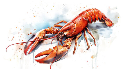 Watercolor seafood illustration, red lobster isolated on a transparent background