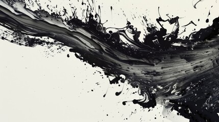 Poster - Abstract black ink splash on white background, dynamic fluid movement, artistic design, modern contemporary art, high contrast visual.