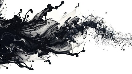 Poster - Abstract black ink splash on white background with fluid, swirling patterns and dynamic motion, ideal for creative and artistic projects.