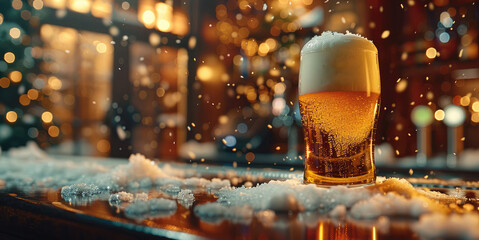 Poster - A bar top with snow on it, golden glass of beer, perfect beer on the bar top. Generative AI.