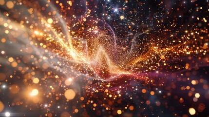Poster - Abstract background of swirling golden particles and light effects, creating a magical, ethereal atmosphere in a dark, starry space.