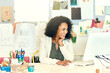 © peopleimages.com - Woman, print designer and computer in studio, creative agency and professional on digital website layouts. Online, submitting and email artwork files or printing company, internet and design career