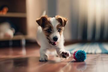 A playful puppy with brown and white fur eagerly chases a colorful toy ball across a wooden floor, its enthusiasm shining bright in a cozy room filled with light.