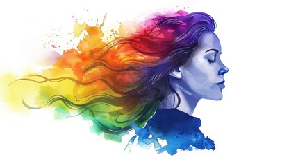 Wall Mural - Watercolor Fashion Woman girl profile with beautiful color rainbow hair.