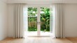 © Anutha - Large glass doors open to a lush garden, with light wooden floors and sheer curtains inside, creating an airy, serene setting