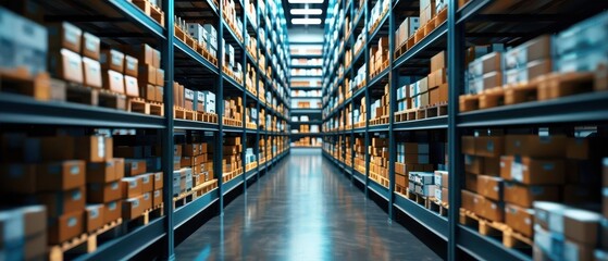 Modern storage facility featuring well-organized shelving and various packaged items, emphasizing logistics management