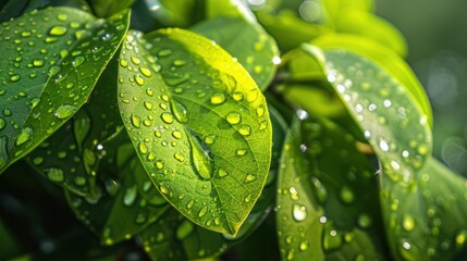 Sticker - A close-up image of vibrant green leaves with glistening morning dew drops, the sunlight creating sparkling reflections on each drop. The background is softly blurred, 