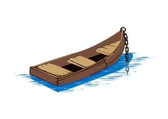 Old wooden boat with a forged chain. Vector illustration in cartoon style on a white background.