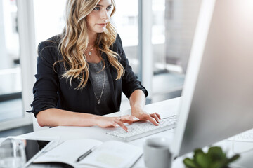 Lawyer, woman and computer with thinking, legal documents and keyboard with contract for deal agreement. Person, technology and notebook for report, law firm and planning with website and case email