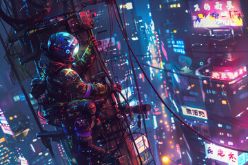 Wall Mural - Beneath the shimmering lights of a sprawling metropolis at night, an electrical technician in a retro-inspired jumpsuit scales a towering electric pole adorned with holographic advertisements. Equippe