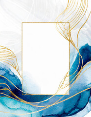 Wall Mural - modern watercolor ink background with blue waves and golden frame and white rectangle copyspace