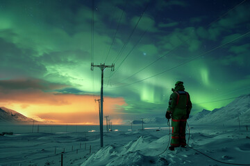 Wall Mural - On the rugged terrain of an Arctic tundra, an intrepid electrical technician bundled in an insulated arctic suit braves harsh winds and icy conditions to reach a solitary electric pole. Using speciali