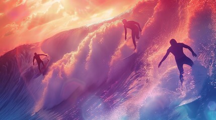 Wall Mural - Surfers catching waves in a colorful 3D setting  AI generated illustration