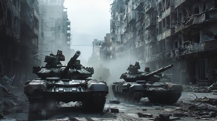Wall Mural - Tanks rolling through a war-torn city  AI generated illustration