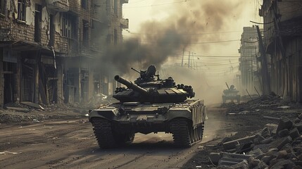 Tanks rolling through a war-torn city  AI generated illustration