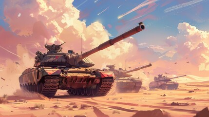 Sticker - Tanks rolling through a desert battlefield in Memphis-inspired colors  AI generated illustration