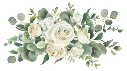 A watercolor bouquet with green eucalyptus leaves and white roses isolated on a transparent background