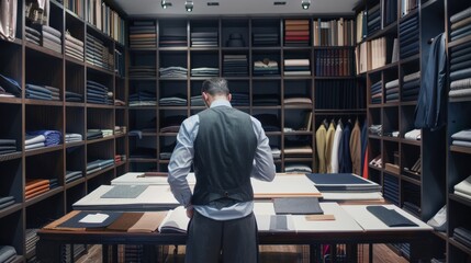 Wall Mural - A man with a suit in workshop tailor room