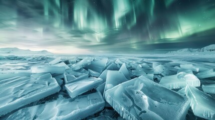 Wall Mural - A panoramic view of a frozen lake breaking into gigantic ice floes, under the ethereal glow of the Northern Lights.