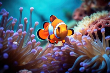 Clownfish swim among lively sea anemones on a beautiful coral reef. The beauty of the underwater ecosystem