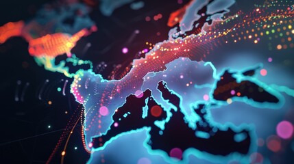 Poster - A colorful map of the world. The map is made up of many small dots, giving it a pixelated appearance. The colors of the map are bright and vibrant