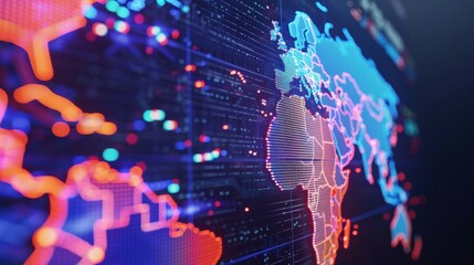 Poster - A colorful map of the world. The map is made up of many small dots, giving it a pixelated appearance. The colors of the map are bright and vibrant