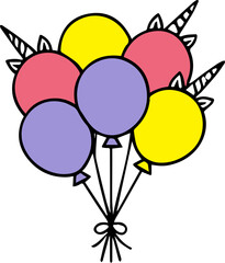 Colorful balloon bouquet illustration with pink, yellow, and purple balloons, ideal for party, celebration, or festive decoration.