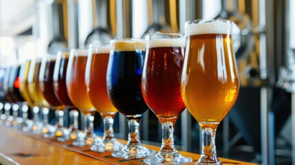 A row of glasses of beer on a counter. The glasses are of different colors and sizes. Concept of variety and choice