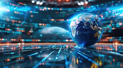 Poster - A computer generated image of a planet and a globe. The globe is surrounded by a blue and orange background