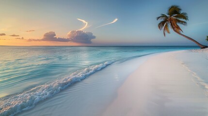 Wall Mural - A serene beach with white sands and crystal clear waters, a single palm tree swaying gently in the breeze at dawn.