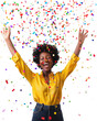© GB - Black woman celebrating with colorful confetti falling, transparent background (PNG)