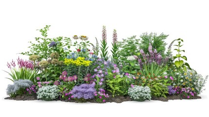 Wall Mural - Cut out flowerbed. Plants and flowers isolated on white background. Flower bed for garden design or landscaping. High quality image for professional composition.