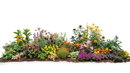 Wall Mural - Cut out flowerbed. Plants and flowers isolated on white background. Flower bed for garden design or landscaping. High quality image for professional composition.