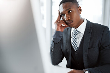Aufkleber - Business, computer and black man with headache, frustrated and stress with deadline, error 404 or burnout. African person agent or consultant with pc, migraine or workflow crisis with audit or review
