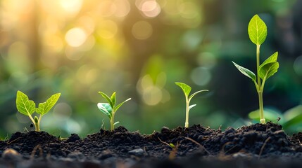 A series of young plants are growing in the dirt