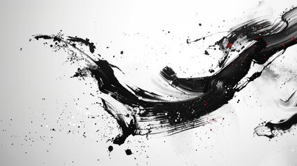 Poster - Dynamic abstract black ink brush stroke with splatters on a white background, showcasing movement and artistic expression.