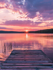 Wall Mural - Serene Sunset Over Tranquil Lake with Wooden Pier in Peaceful Nature Landscape. Relaxing summer wallpaper with a beautiful calm scene of a lake at dusk,perfect for vacation and travel imagery. - Seren