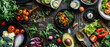 © Ai Studio - An overhead view of a vibrant assortment of fresh vegetables, herbs, and condiments arranged on a rustic wooden table, ready for preparation.