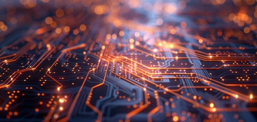 Fototapete - Tech-inspired abstract background with circuit board patterns and binary code on dark blue, accented by orange lighting