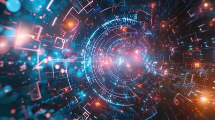 Poster - Futuristic digital technology background with abstract geometric shapes and glowing data visualization, ideal for innovation concepts.
