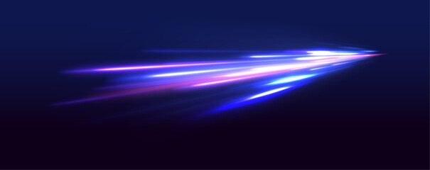 Poster - Neon color glowing lines background, high-speed light trails effect. Shining lights in motion with small particles. Vector swirl trail effect. 