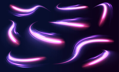 Wall Mural - Lines in the shape of a comet against a dark background. Vortex streams of neon light. Big set of light neon lines in the form of swirl and spirals. 