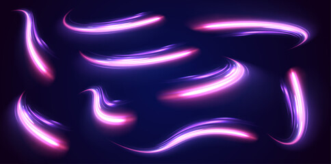 Aufkleber - big set neon line as speed or arc, turn, twist, bend in light effect. futuristic dynamic motion tech