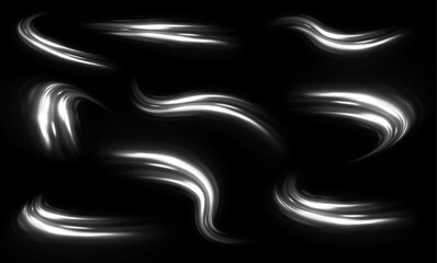 Aufkleber - White fast speed trail with sparkles on dark background. Glow and blur motion effect vector illustration set. Transparent dynamic frost air tail streak. Isolated png magic wind swirl design.	