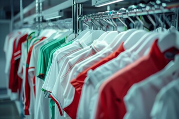 Colorful white, red, and green sports jerseys on display in a retail store