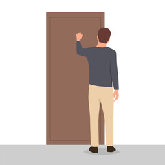 Man knocks on door when comes to visit friend or company office to get job. Flat vector illustration isolated on white background