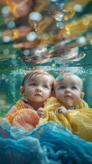 Poster - Twin baby surrounded by cloth floating on the river,generative ai